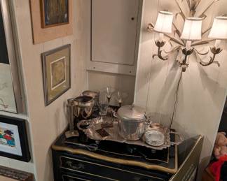 Vintage barware including ice bucket, martini glasses, olive skewers, coasters, silver double-handled serving tray; a vintage black lacquered and gilt chest of drawers, framed original art, retro wall sconce light fixture, Chinese floor vase