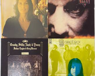 Vintage vinyl record albums: Joan Baez Diamonds & Rust, Eurythmics 1984, Crosby, Stills, Nash & Young Deja Vu, Grace Slick & Great Society Conspicuous Only in its Absence