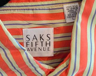 Closeup of Saks Fifth Avenue men's striped silk short sleeved shirt, size L