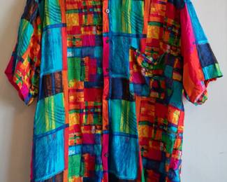 Vintage Bogari men's silk short sleeve shirt in vivid tropical abstract pattern, size L