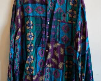 Vintage 100% silk Basix Fenn Wright & Manson colorful button-front long-sleeve shirt, blue, purple, green floral geometric abstract print