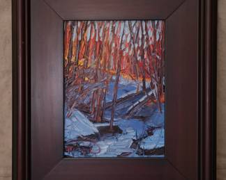 An original signed oil painting by American artist Charlene Marsh, titled "Snowy Sunset" and painted "Plein Air" method, 2012