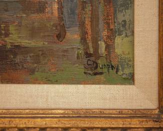 Closeup of signed oil on canvas painting of a little blond girl holding a doll and sitting on stairs, 1967
