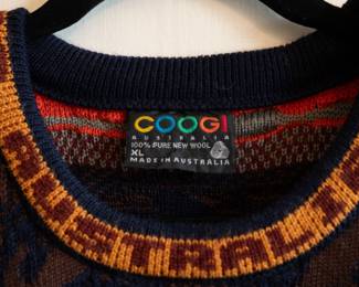 Closeup of a 1980s vintage Coogi Australia 100% wool 3D knit pullover sweater, size XL