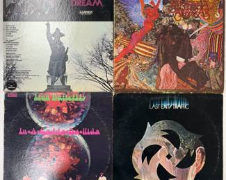 Vintage vinyl LP record albums: American Dream, Santana Abraxas, Iron Butterfly - In-A-Gadda-Da-Vida, Traffic Last Exit