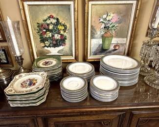 Vintage square salad plates with gold gilt rims and floral centers, and Royal Doulton Braemar fine bone china