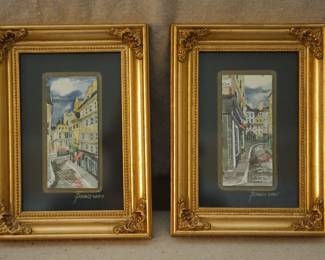 Another pair of small vintage Paris street scenes water color paintings, 2001 signed