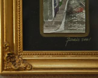 Closeup of another pair of small vintage Paris street scenes water color paintings, 2001 signed