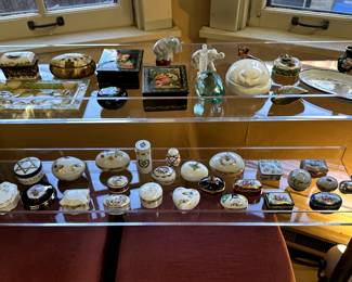 Boxes of various materials, a Higgins Glass tray, and more Limoges boxes!