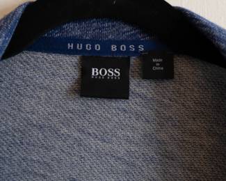 Closeup of Hugo Boss men's blue cardigan sweater