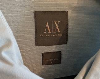 Closeup of men's Armani Exchange light gray button front pleated placket shirt, size L