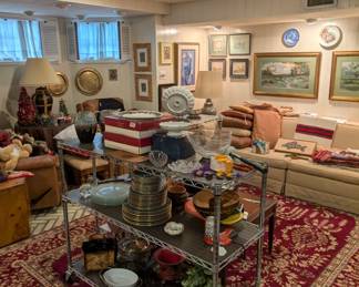 Large oriental area rug, leather recliner, lamps, sofa, pillows, original art, holiday décor, porcelain dishes, crystal and glass serving bowls and dishes, stuffed animals, and more!