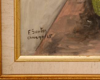 Closeup of one of a pair of original still life paintings by F. Santos, Chicago, 1965