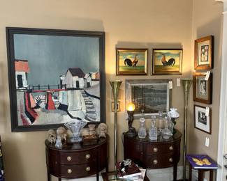 Incredible selection of original art (more than 100 pieces at this sale!), a bronze Art Deco lamp, a pair Baker Furniture Company mahogany demilune tables/cabinets, a pair of 1970's brass torchiere lamps, plus crystal decanters, collectible crystal from Lalique, Waterford, and more