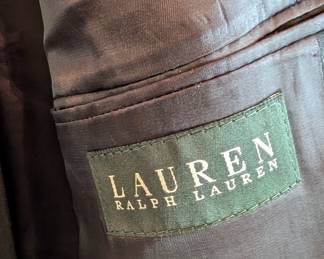 Closeup of vintage Ralph Lauren men's dark grey double breasted suit jacket/blazer