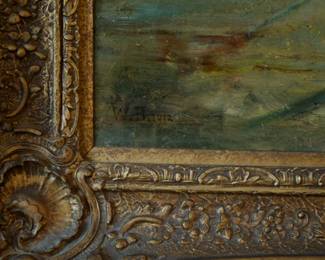 Closeup of signature on the delightful original antique oil painting of an 18th century scene, signed with initials and the date 1912.