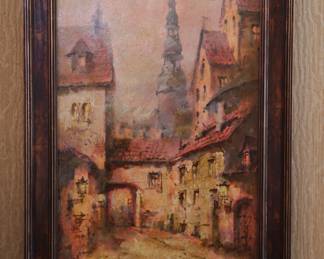 Vintage signed oil painting of European city street scene