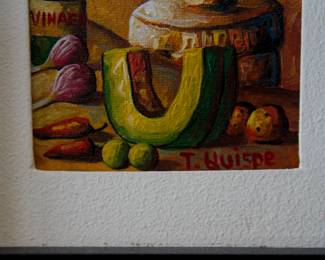 Closeup of signature on the signed original painting of Peruvian life, vivid colors highlighting women in a window, with storage jars, cooking implements and food in the foreground