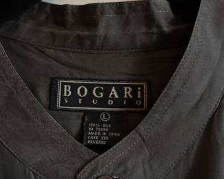 Closeup of Bogari Studio men's black silk long sleeve button front shirt, size L