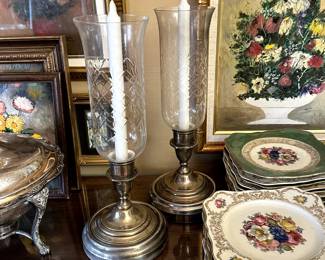 Sterling silver base hurricane lamps with cut glass chimneys