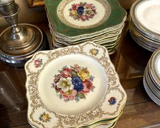 Vintage square salad plates with gold gilt rims and floral centers