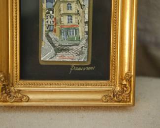 Closeup of pair of small vintage Paris street scenes water color paintings, 2001 signed
