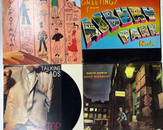 Vintage vinyl LP albums: The B-52's Mesopotamia, Bruce Springsteen Greetings from Asbury Park, N.J., Talking Heads Stop Making Sense, David Bowie The Rise And Fall Of Ziggy Stardust And The Spiders From Mars