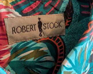 CLoseup of Vintage 1990's Robert Stock men's silk shirt, blue and red tone abstract floral print