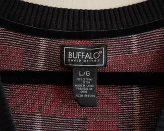 Closeup of vintage Buffalo David Bitton men's sweater vest, red with black and white geometric pattern, size LG