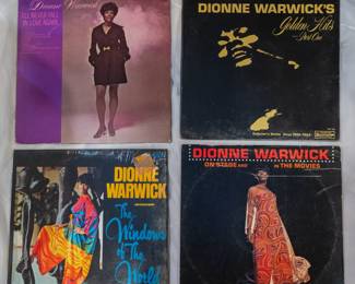 Vintage vinyl LP records: Dionne Warwick I'll Never Fall in Love Again, Dionne Warwick Golden Hits Part One, Dionne Warwick The Windows of the World, Dionne Warwick On Stage and In The Movies