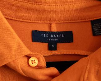 Closeup of vintage Ted Baker London men's orange knit shirt, long sleeves, size 5