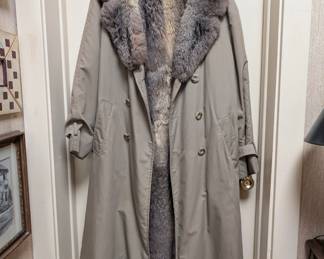 QMB2 opossum fur lined raincoat - double breasted coat with inner fur lining and fur shawl collar