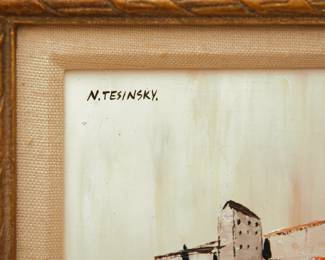 Closeup of an original signed oil on board painting by Russian artist Nicola Tesinsky