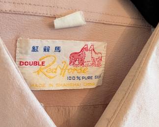 Closeup of Double Red Horse men's pure silk button front shirt, made in Shanghai