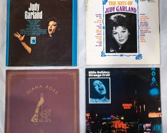 Vintage vinyl albums Judy Garland, The Hits of Judy Garland, Diana Ross Lady Sings the Blues, and Billie Holiday: Strange Fruit