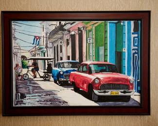 Original framed painting of sunny street in Havana, Cuba, showing vintage American cars