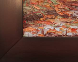 Closeup of signature on the original signed oil painting by American artist Charlene Marsh, titled "Early Autumn" and painted "Plein Air" method.