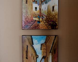 Pair of signed paintings of Peruvian street scenes