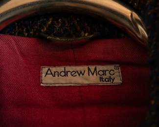 Closeup of vintage 1990s Andrew Marc Italy textured knit zip front bomber jacket, lined, two front pockets