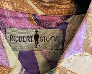 Closeup of vintage 1990's Robert Stock men's silk shirt, purple tone abstract floral print