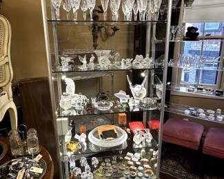 Just some of the Waterford Crystal "Sheila" wine, water goblet, champagne flutes; Lalique Crystal sculptures, ring trays, Marguerites bowl, cat sculptures, Koi Fish works of art; vintage and antique sterling silver boxes; Limoges Porcelain boxes, Baccarat figures, French art glass and much more!