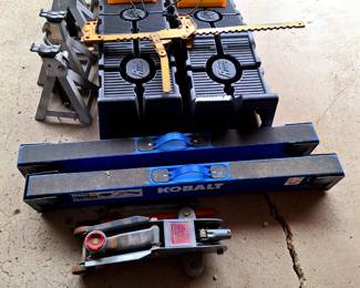 Car Jacks, Wheel Chocks, Kobalt fixed leg foldable sawhorses, And Rhino Ramps