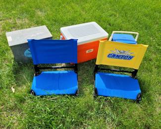2 Canton CHawks Stadium Chairs, 2 Coolers, 1 Vintage Wells Blue Bunny Cooler