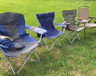 3 Travel Lawn chairs and 1 folding brown chair