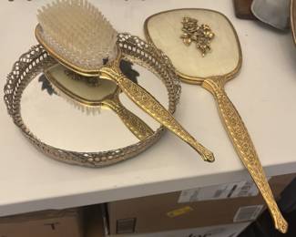 Vintage Matson gold-plated vanity w/mirror, brush and tray