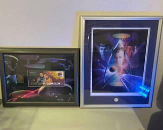 Franklin Mint Star Trek signed pictures authenticated (Beyond the Final Frontier and first issue stamp postcard with Leanord Nimoy and William Shatner signatures, frame flawed)