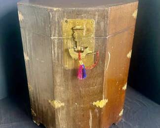 Asian Style Octagonal Wooden Chest With Brass Hardware And Fish Lock