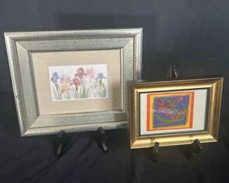 Framed Watercolor Floral Print And Framed Embroidery Piece