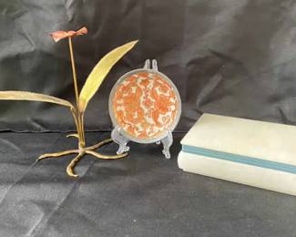 Signed MidCentury Brutalist Floral Brass Art Flower With Trinket Box And Japanese Porcelain Bowl
