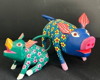 Oaxacan Hand Painted Carved Wooden Alebrijes Two Little Piggies